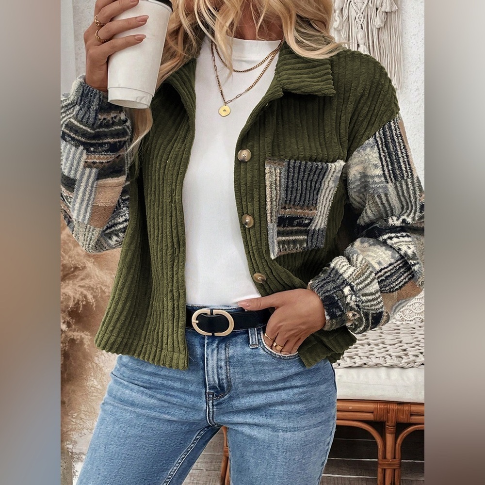 Ribbed Fleece Plaid Print Patchwork Button Up Jacket